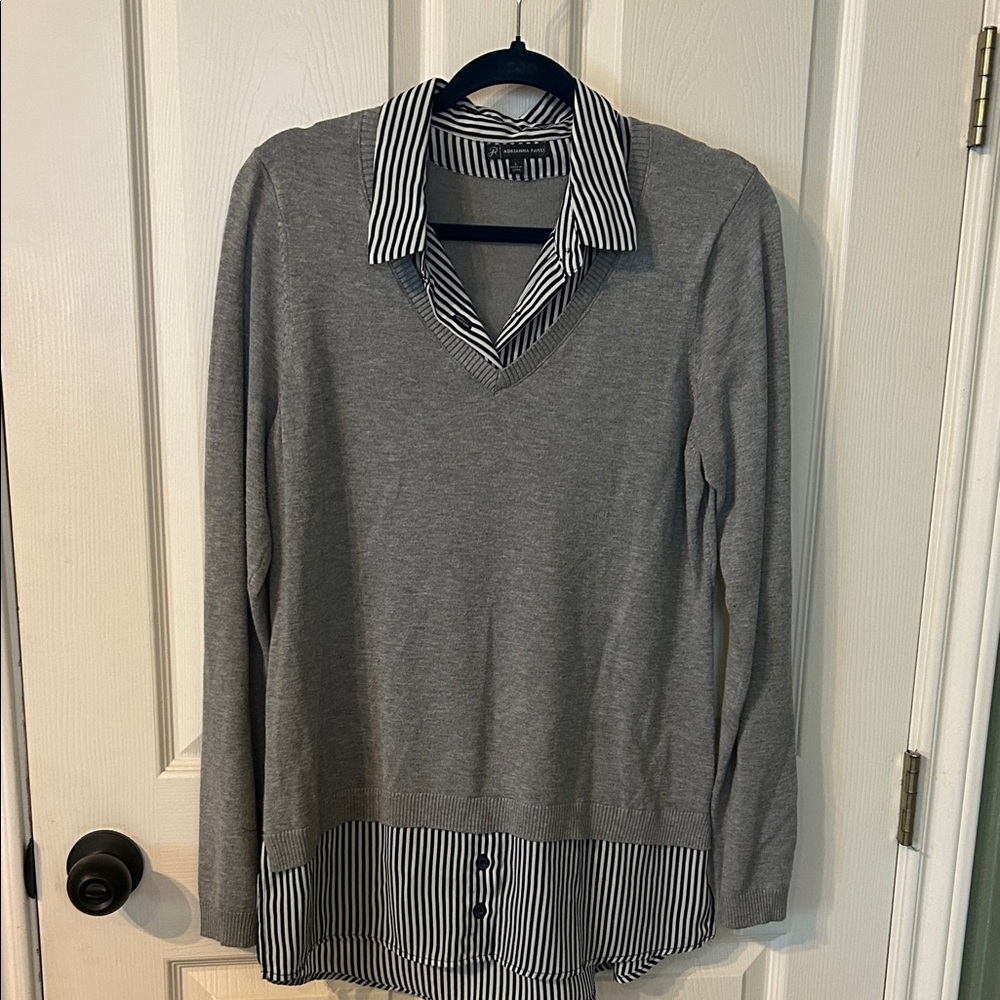 Adrianna Papell Gray V-Neck Sweater with Striped Accent